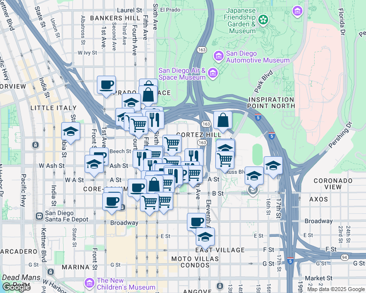 map of restaurants, bars, coffee shops, grocery stores, and more near in San Diego