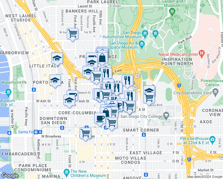 map of restaurants, bars, coffee shops, grocery stores, and more near 1501 Sixth Avenue in San Diego