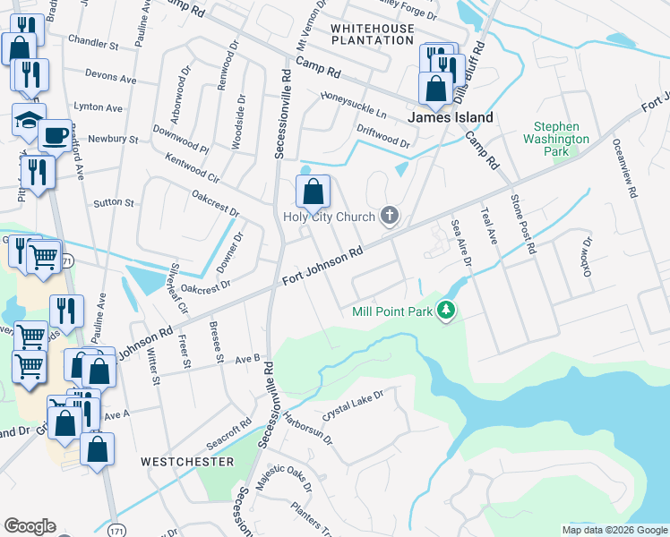map of restaurants, bars, coffee shops, grocery stores, and more near 1203 Chicorie Way in Charleston