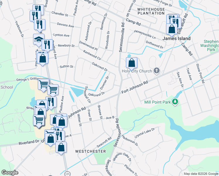 map of restaurants, bars, coffee shops, grocery stores, and more near 1215 Oakcrest Drive in Charleston