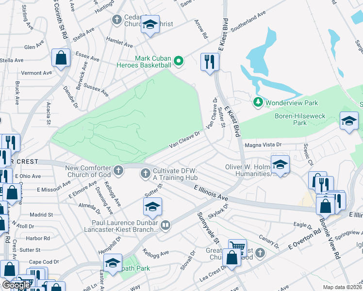 map of restaurants, bars, coffee shops, grocery stores, and more near 2601 Bonnie View Road in Dallas