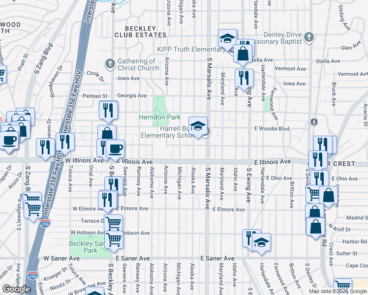 map of restaurants, bars, coffee shops, grocery stores, and more near 2211 Alaska Avenue in Dallas