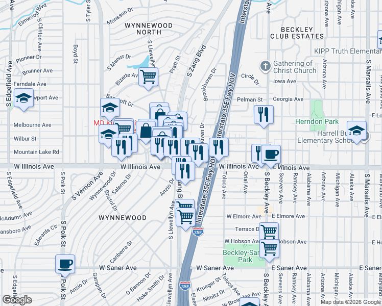 map of restaurants, bars, coffee shops, grocery stores, and more near 2242 South Zang Boulevard in Dallas