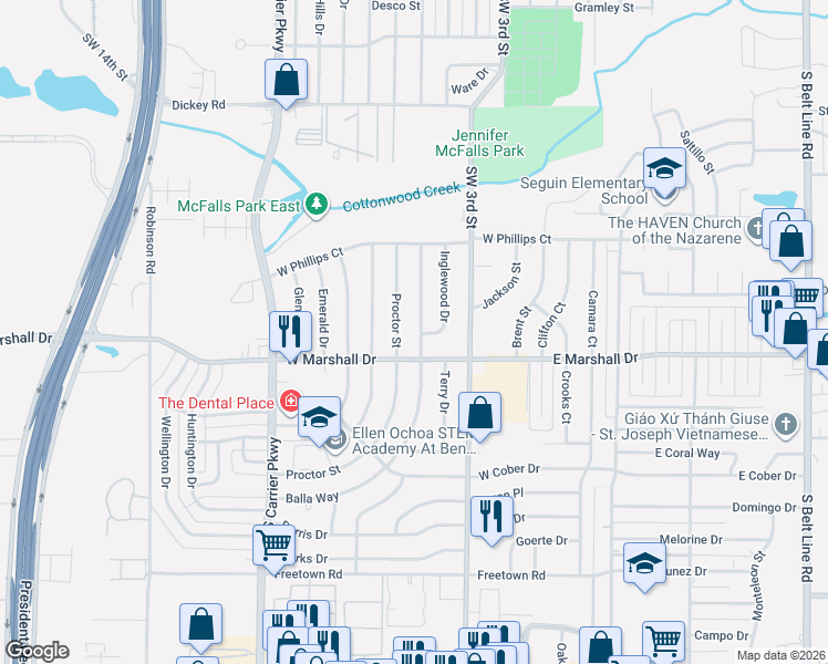 map of restaurants, bars, coffee shops, grocery stores, and more near 1734 Balla Way in Grand Prairie