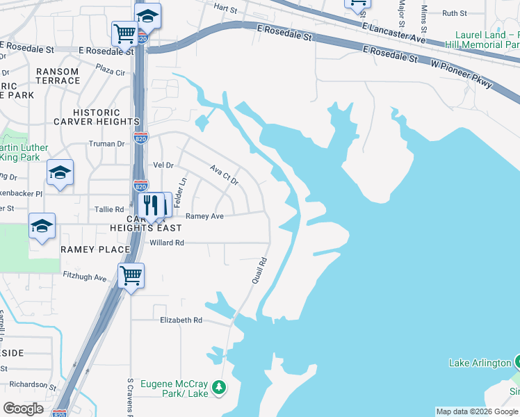 map of restaurants, bars, coffee shops, grocery stores, and more near 6524 Ramey Avenue in Fort Worth