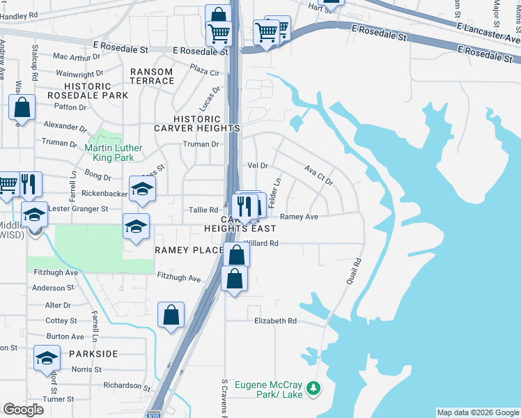 map of restaurants, bars, coffee shops, grocery stores, and more near 6159 Ramey Avenue in Fort Worth