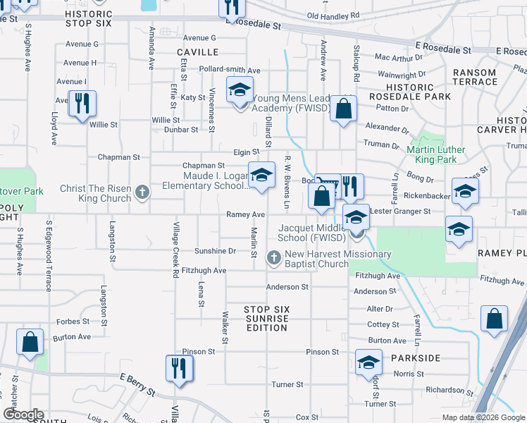 map of restaurants, bars, coffee shops, grocery stores, and more near 5144 Ramey Avenue in Fort Worth