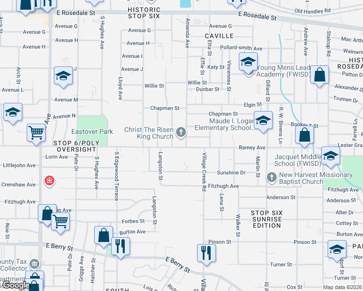 map of restaurants, bars, coffee shops, grocery stores, and more near 4804 Ramey Avenue in Fort Worth