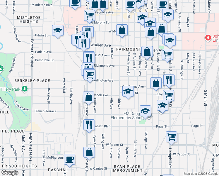 map of restaurants, bars, coffee shops, grocery stores, and more near 2113 Fairmount Avenue in Fort Worth