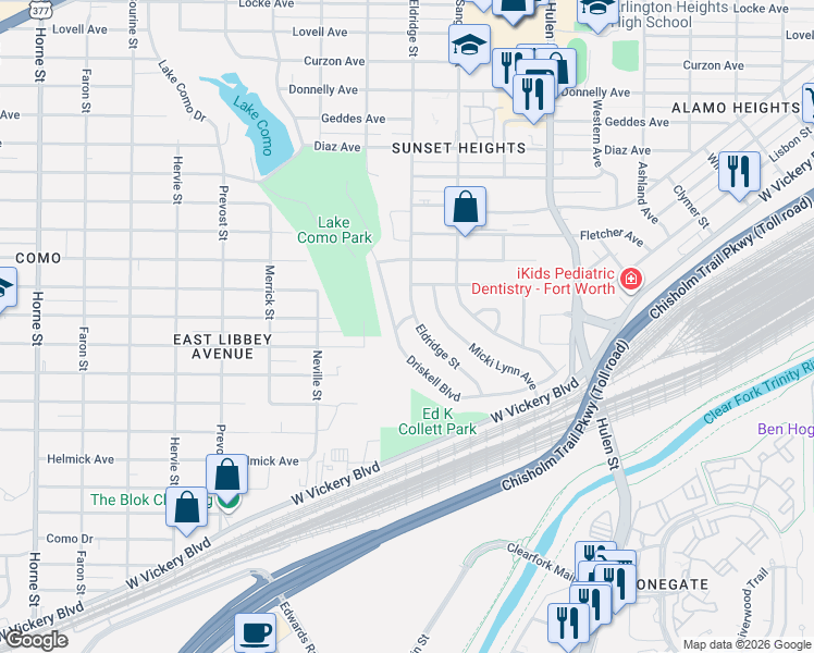 map of restaurants, bars, coffee shops, grocery stores, and more near 4001 Driskell Boulevard in Fort Worth