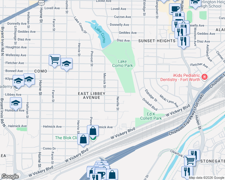 map of restaurants, bars, coffee shops, grocery stores, and more near 5116 Libbey Avenue in Fort Worth