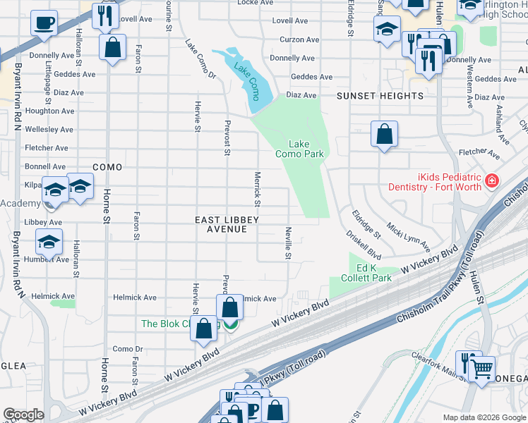 map of restaurants, bars, coffee shops, grocery stores, and more near 5116 Libbey Avenue in Fort Worth