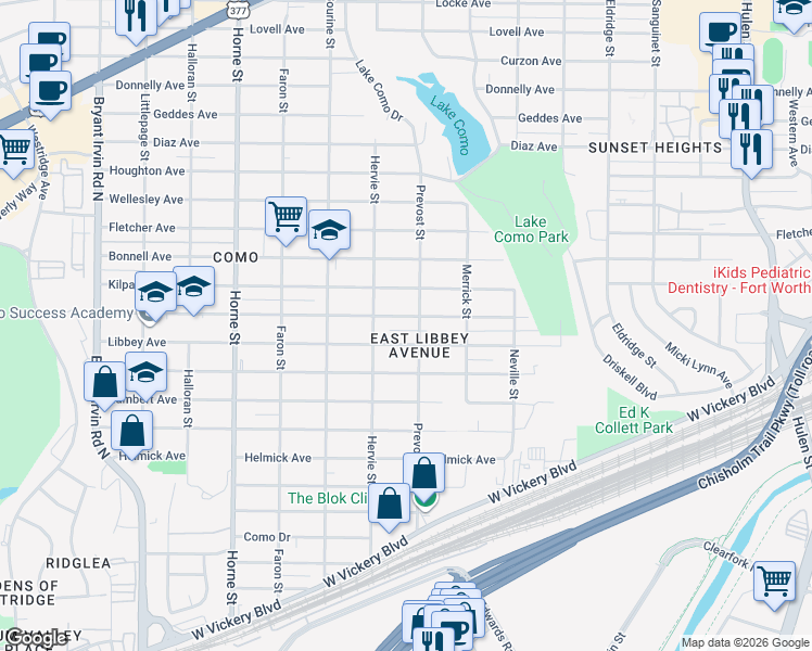 map of restaurants, bars, coffee shops, grocery stores, and more near 5304 Libbey Avenue in Fort Worth