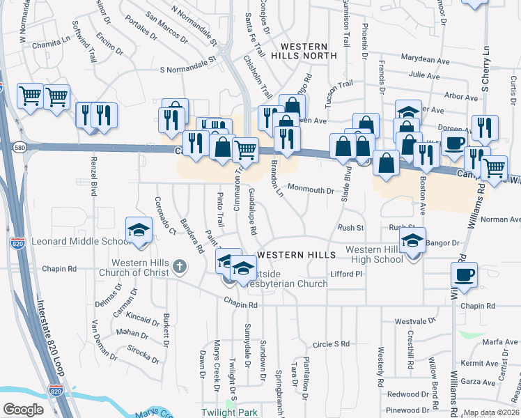 map of restaurants, bars, coffee shops, grocery stores, and more near 3525 Socorro Road in Fort Worth