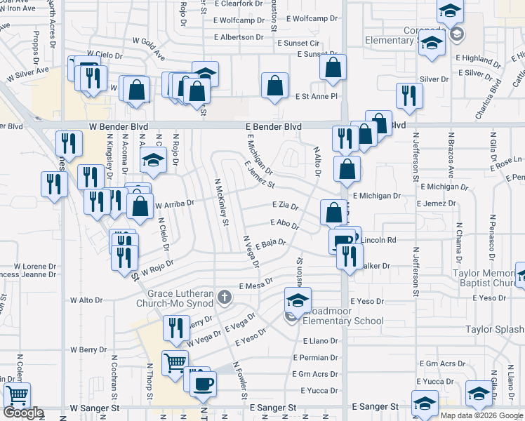 map of restaurants, bars, coffee shops, grocery stores, and more near 412 East Abo Drive in Hobbs