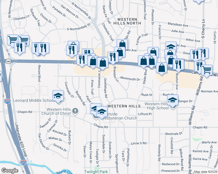map of restaurants, bars, coffee shops, grocery stores, and more near 3525 Socorro Road in Fort Worth