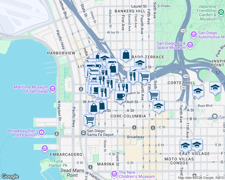 map of restaurants, bars, coffee shops, grocery stores, and more near in San Diego