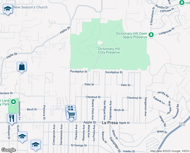 map of restaurants, bars, coffee shops, grocery stores, and more near 1634 La Presa Avenue in Spring Valley