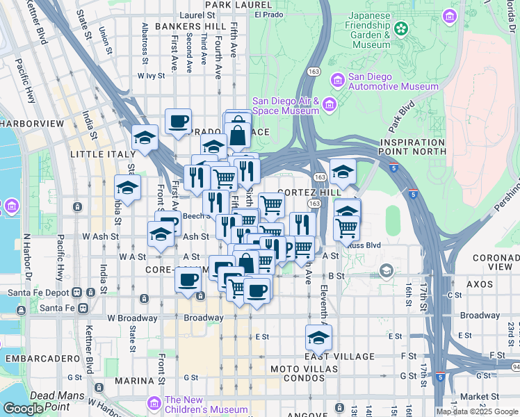 map of restaurants, bars, coffee shops, grocery stores, and more near 1501 Sixth Avenue in San Diego