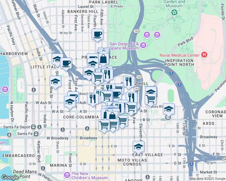 map of restaurants, bars, coffee shops, grocery stores, and more near 1514 Seventh Avenue in San Diego
