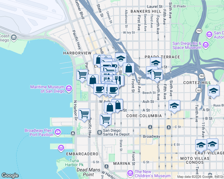 map of restaurants, bars, coffee shops, grocery stores, and more near 1501 India Street in San Diego