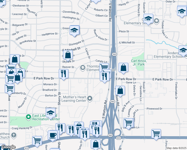 map of restaurants, bars, coffee shops, grocery stores, and more near 2405 East Park Row Drive in Arlington