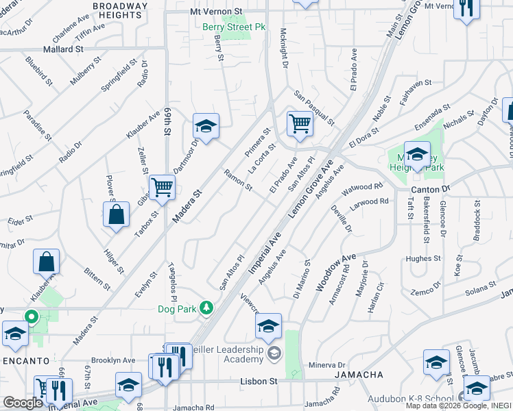 map of restaurants, bars, coffee shops, grocery stores, and more near 1635 El Prado Avenue in Lemon Grove