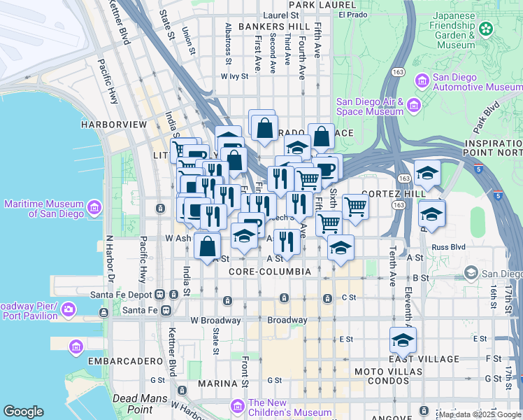 map of restaurants, bars, coffee shops, grocery stores, and more near 110 Beech Street in San Diego