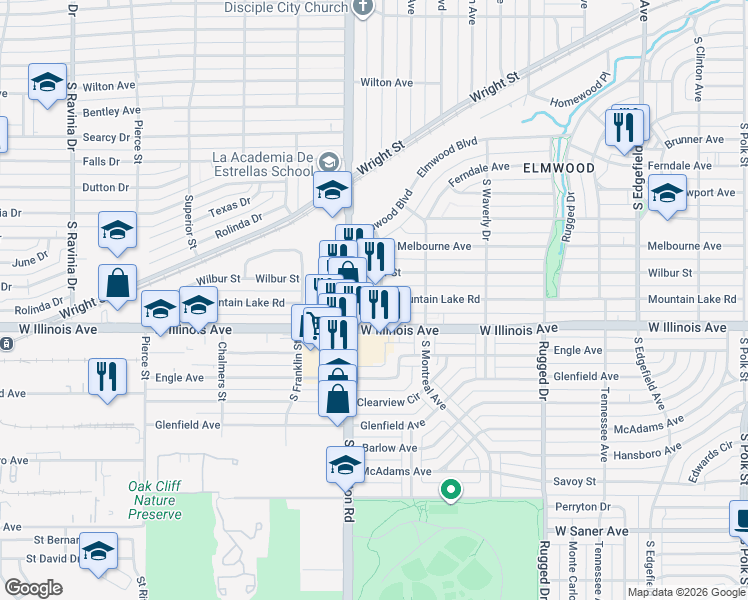 map of restaurants, bars, coffee shops, grocery stores, and more near 2306 Mountain Lake Road in Dallas
