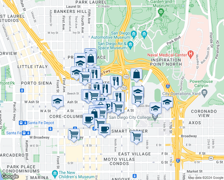 map of restaurants, bars, coffee shops, grocery stores, and more near 850 Beech Street in San Diego