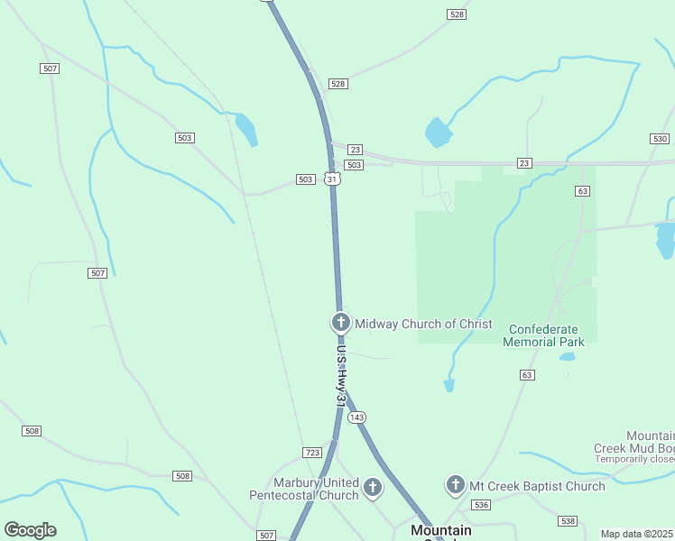 map of restaurants, bars, coffee shops, grocery stores, and more near U.S. Highway 31 in Verbena