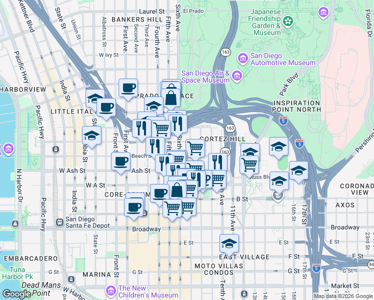 map of restaurants, bars, coffee shops, grocery stores, and more near 1501 Sixth Avenue in San Diego