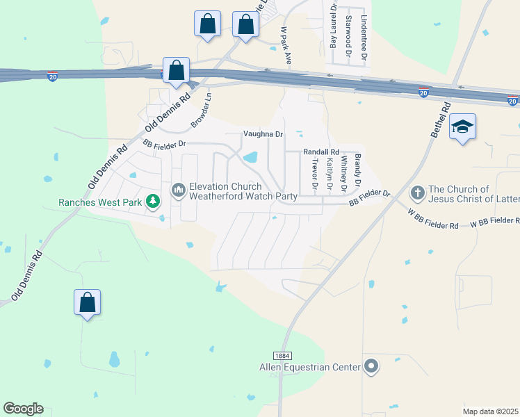map of restaurants, bars, coffee shops, grocery stores, and more near 1012 Deer Valley Drive in Weatherford