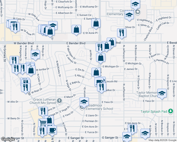 map of restaurants, bars, coffee shops, grocery stores, and more near East Zia Drive in Hobbs