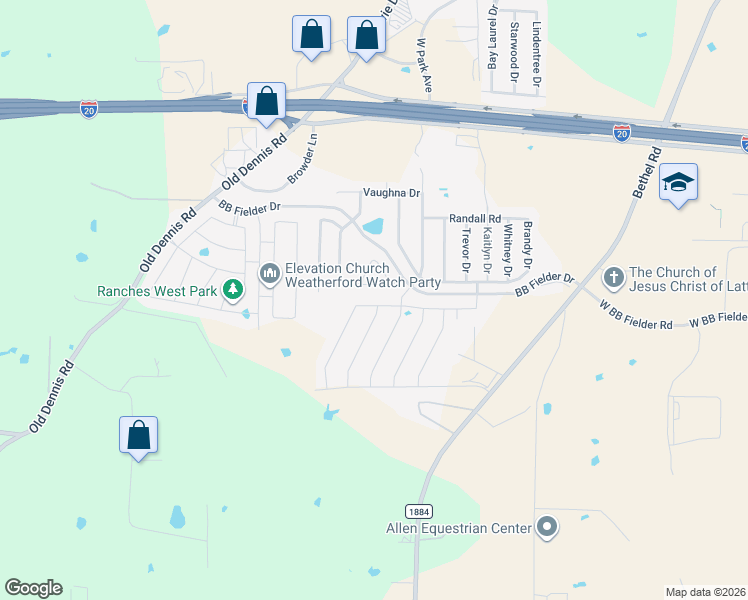 map of restaurants, bars, coffee shops, grocery stores, and more near 1012 Deer Valley Drive in Weatherford