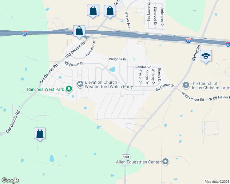 map of restaurants, bars, coffee shops, grocery stores, and more near 1012 Deer Valley Drive in Weatherford