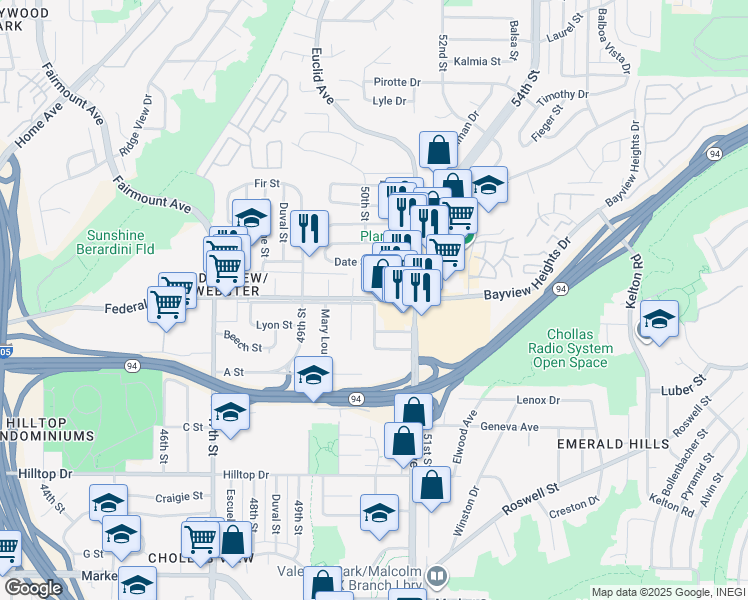 map of restaurants, bars, coffee shops, grocery stores, and more near 1552 Altadena Avenue in San Diego