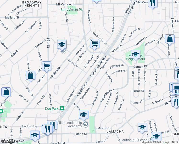 map of restaurants, bars, coffee shops, grocery stores, and more near 1615 San Altos Place in Lemon Grove