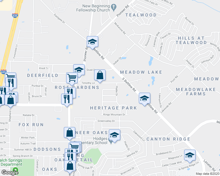 map of restaurants, bars, coffee shops, grocery stores, and more near 13229 Valley Forge Circle in Balch Springs
