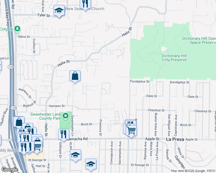 map of restaurants, bars, coffee shops, grocery stores, and more near 9270 Amys Street in Spring Valley