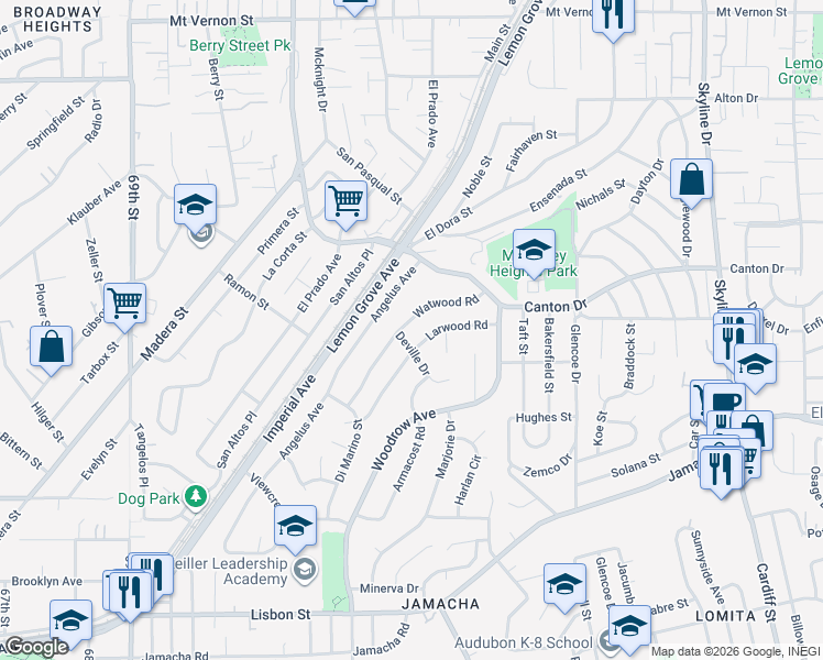 map of restaurants, bars, coffee shops, grocery stores, and more near 1549 Watwood Road in Lemon Grove