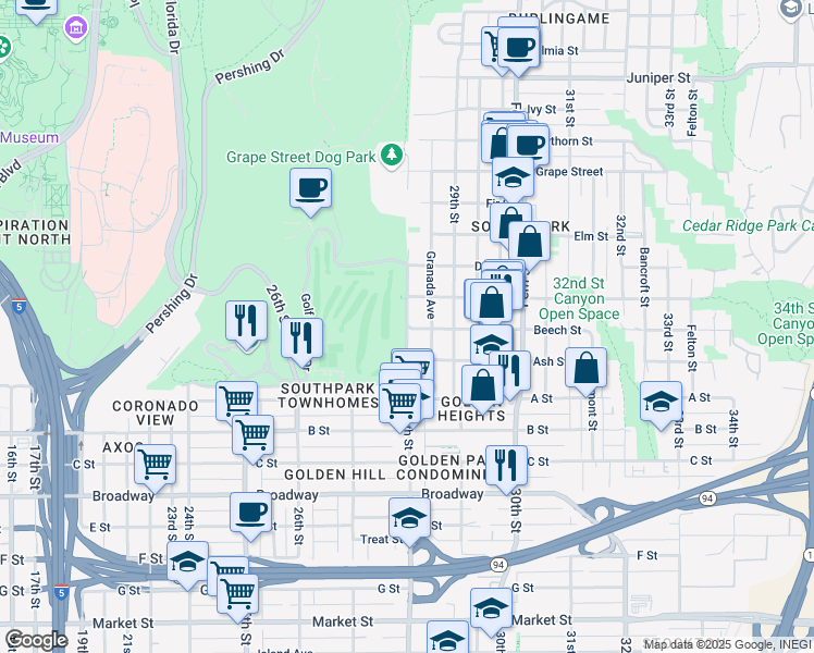 map of restaurants, bars, coffee shops, grocery stores, and more near 1441 28th Street in San Diego