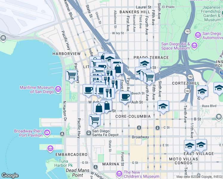 map of restaurants, bars, coffee shops, grocery stores, and more near 1500 State Street in San Diego