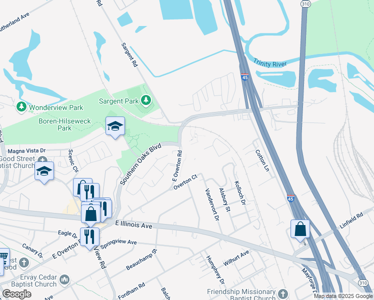 map of restaurants, bars, coffee shops, grocery stores, and more near 6732 Highland Hills Dr in Dallas