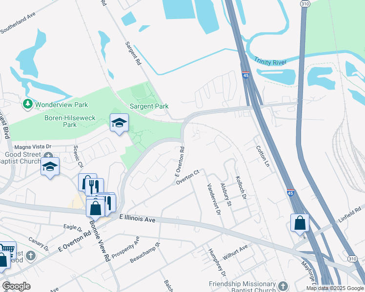 map of restaurants, bars, coffee shops, grocery stores, and more near 6732 Highland Hills Dr in Dallas