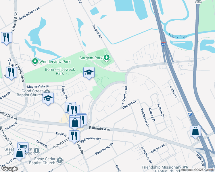 map of restaurants, bars, coffee shops, grocery stores, and more near 3416 Southern Oaks Boulevard in Dallas