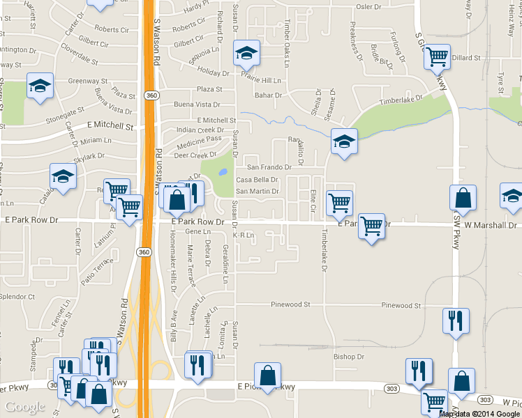 map of restaurants, bars, coffee shops, grocery stores, and more near 3011 East Park Row Drive in Arlington