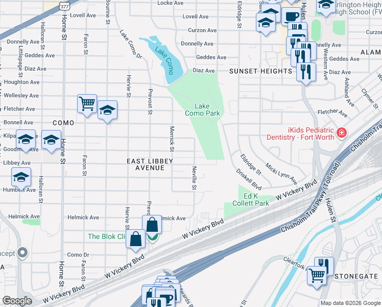 map of restaurants, bars, coffee shops, grocery stores, and more near 5116 Libbey Avenue in Fort Worth