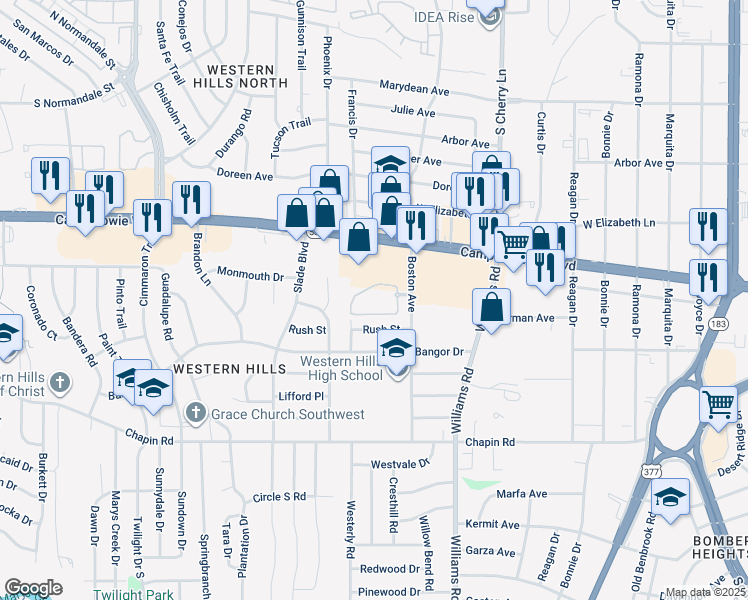 map of restaurants, bars, coffee shops, grocery stores, and more near 8124 Rush Street in Benbrook