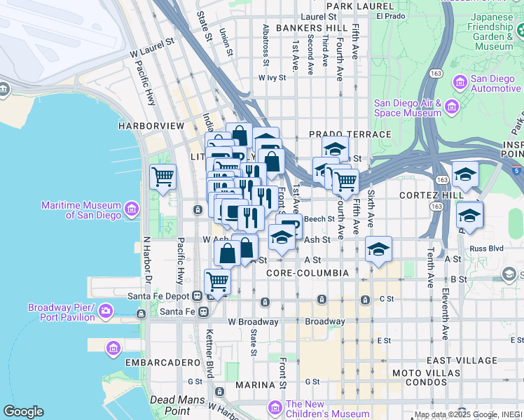 map of restaurants, bars, coffee shops, grocery stores, and more near 1545 State Street in San Diego